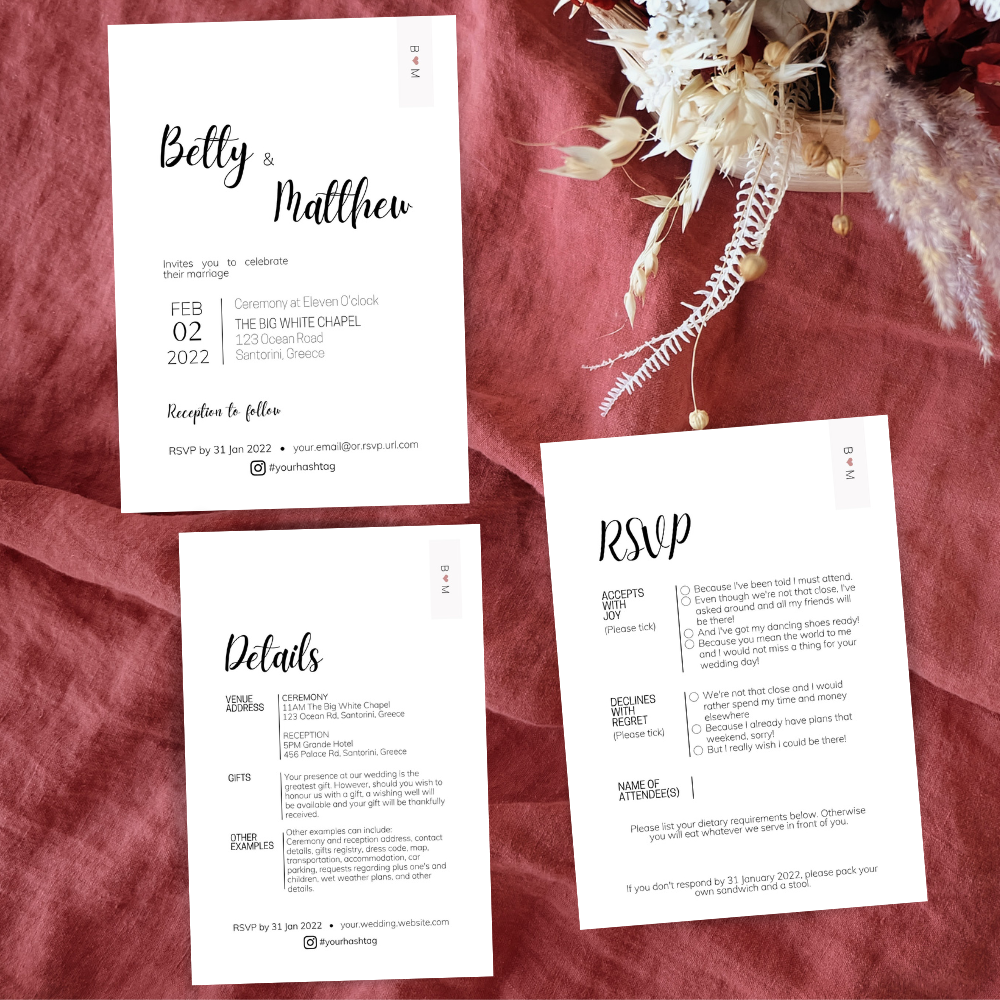 Betsey Minimalist Wedding Invitation 3-piece Suite